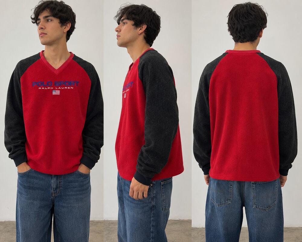 Vintage Polo Sport Ralph Lauren Fleece Pullover USA Flag Spellout Red gray Small